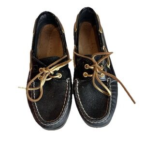 Sperry Top Sider Womens Black Sparkle Patent Leather Boat Shoes SZ  6 Preppy Y2K